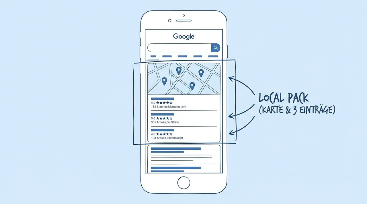 Schematische Darstellung einer mobilen Google-Suchergebnisseite mit hervorgehobenem Local Pack, Kartenausschnitt plus drei Betriebseinträge mit Sternebewertung